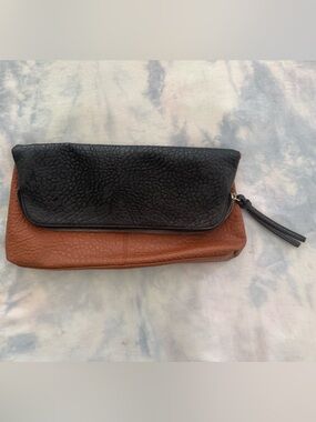 Two-Tone Leather Zip Clutch - Black & Brown